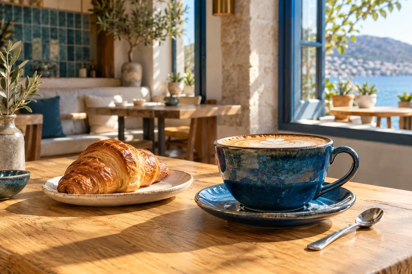 Mavi fincan ve kruvasanla aydınlık, kurgusal Kıyı kafe masası