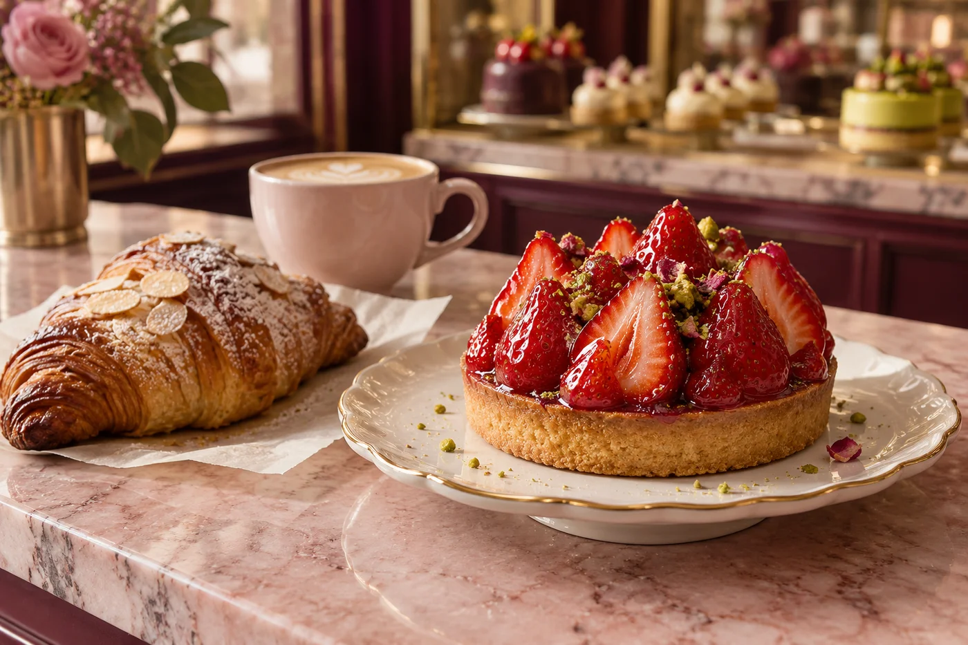 Kurgusal Luma pastanesinde çilekli tart, kruvasan ve pembe kahve fincanı