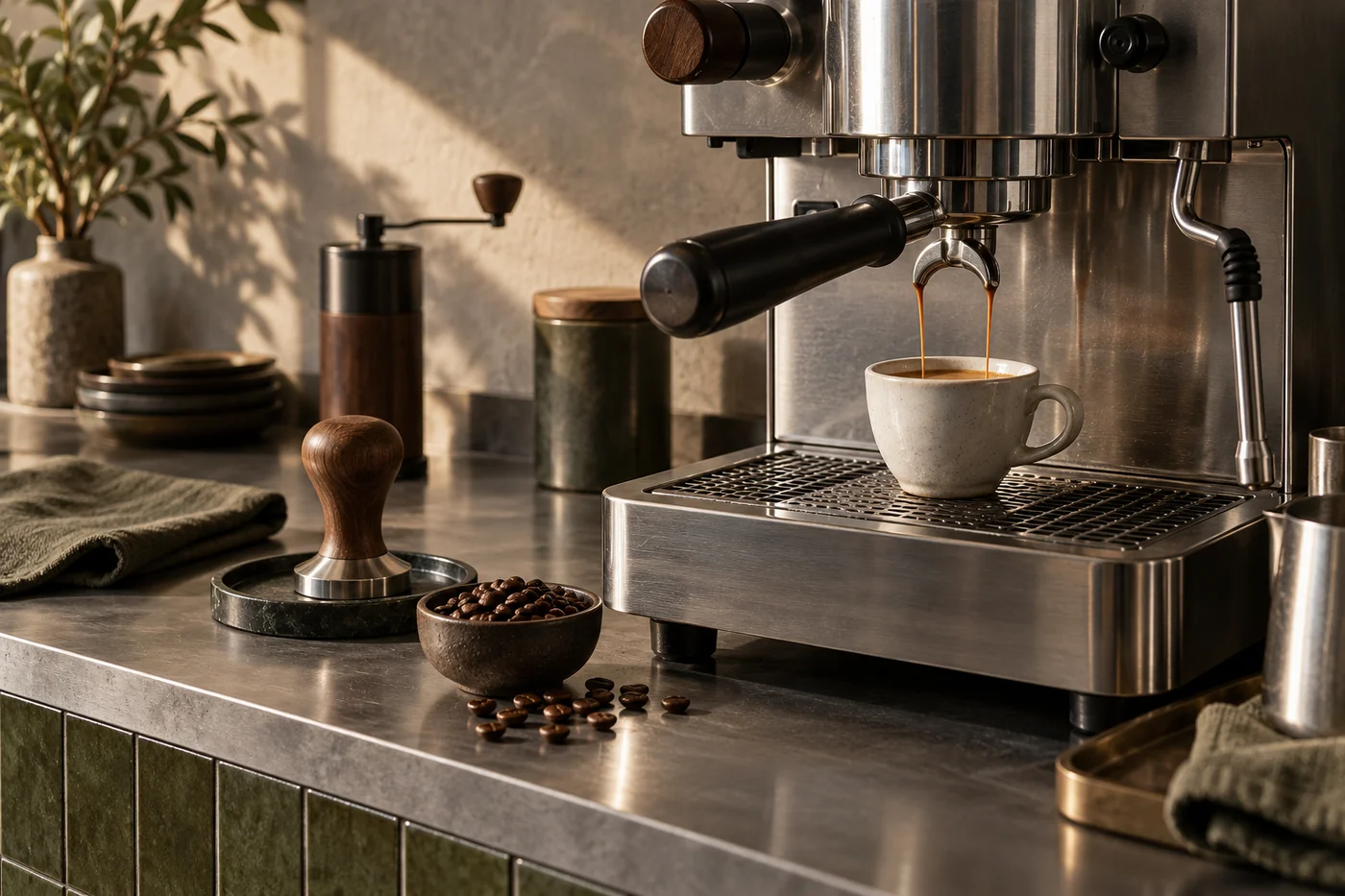 Kurgusal Rota kahve barında çelik espresso makinesi ve kahve çekirdekleri